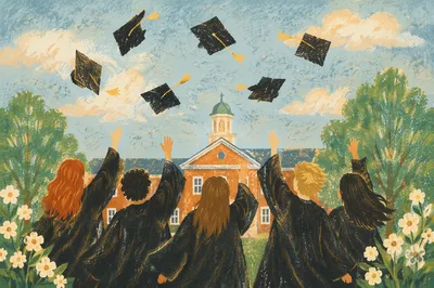 Graduation Caps Soaring Above Spring Campus