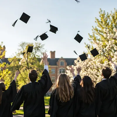 Graduation Caps Soaring Over Spring Campus