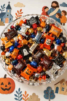 Colorful Halloween Candy Bowl Overhead View