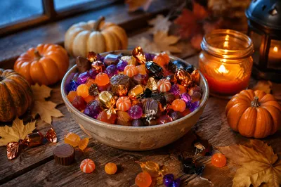 Colorful Halloween Candy Bowl on Autumn Table