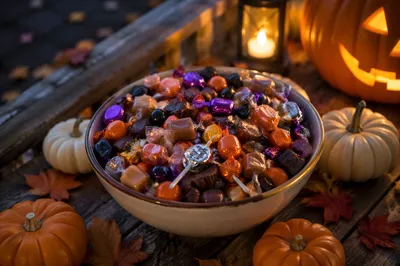 Colorful Halloween Candy Bowl at Blue Hour