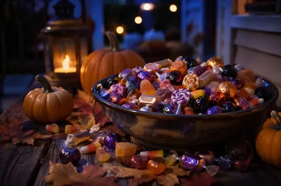 Colorful Halloween Candy Bowl at Dusk