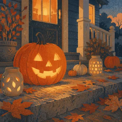 Glowing Jack O Lantern on Autumn Porch