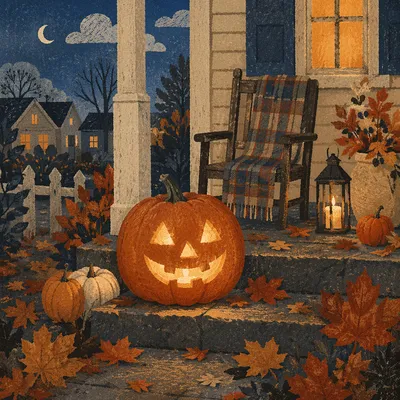 Glowing Jack O Lantern on Autumn Porch