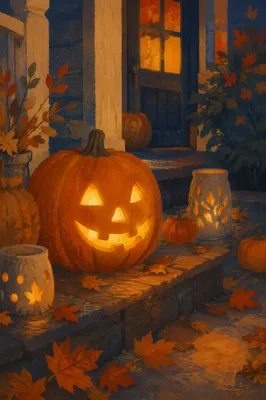 Glowing Jack O Lantern on Autumn Porch