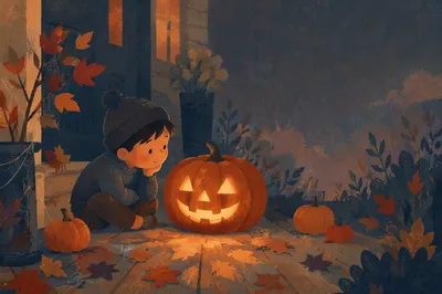 Glowing Jack O Lantern on Autumn Porch