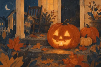 Glowing Jack O Lantern on Autumn Porch