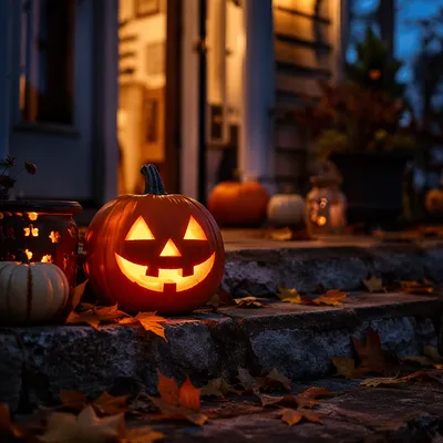 Glowing Jack O Lantern on Autumn Porch