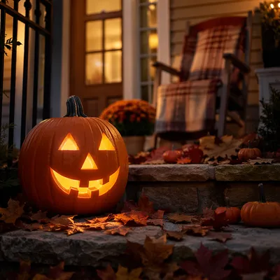 Glowing Jack O Lantern on Autumn Porch