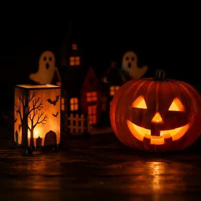 Glowing Jack O Lantern Halloween Still Life