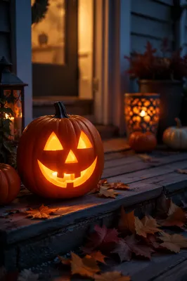 Glowing Jack O Lantern on Autumn Porch