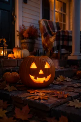 Glowing Jack O Lantern on Autumn Porch