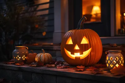 Glowing Jack O Lantern on Autumn Porch