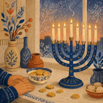 Blue and Gold Hanukkah Menorah at Dusk