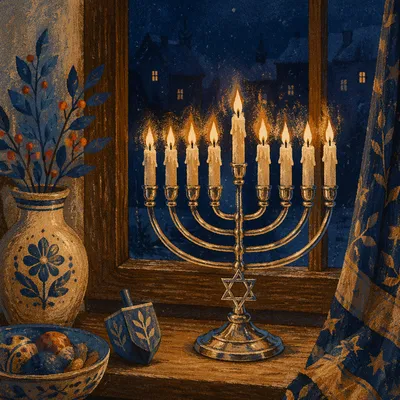 Lit Hanukkah Menorah at Blue Hour