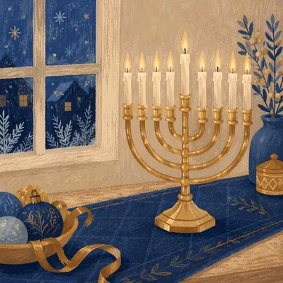 Glowing Gold Hanukkah Menorah on Blue Velvet
