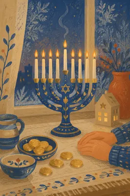 Blue and Gold Hanukkah Menorah at Dusk