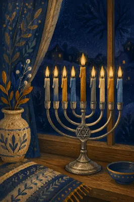 Glowing Hanukkah Menorah at Blue Hour
