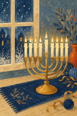 Glowing Gold Hanukkah Menorah on Blue Velvet