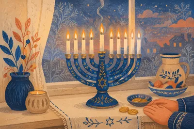 Blue and Gold Hanukkah Menorah at Dusk