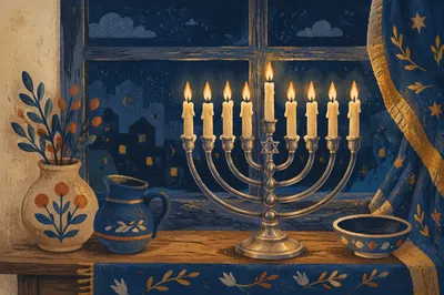 Glowing Hanukkah Menorah at Blue Hour