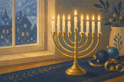 Glowing Gold Hanukkah Menorah on Blue Velvet