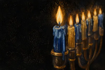 Lit Hanukkah Menorah in Blue and Gold