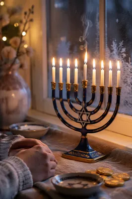 Blue and Gold Hanukkah Menorah at Dusk