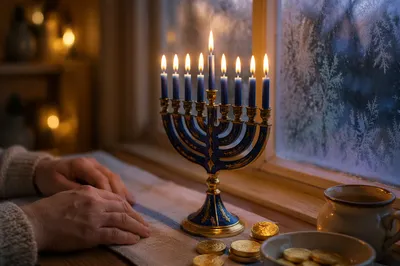 Blue and Gold Hanukkah Menorah at Dusk