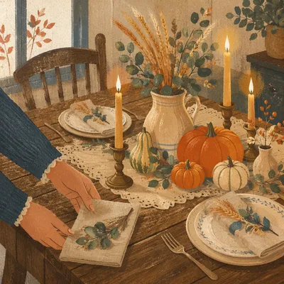 Rustic Harvest Table with Gourds and Candles