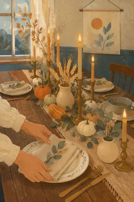 Rustic Harvest Table with Gourds and Candles