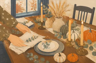 Rustic Harvest Table with Gourds and Candles