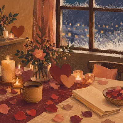 Heart-Shaped Candles on a Cozy Winter Evening