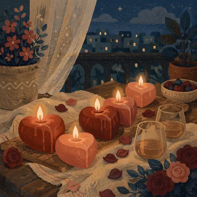 Heart Shaped Candles on Romantic Balcony Evening