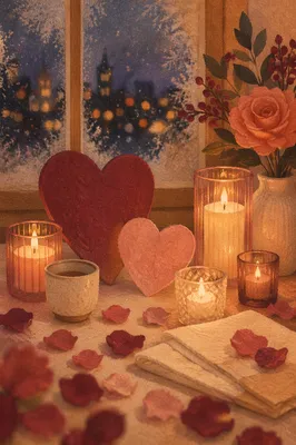 Heart Shaped Candles on Winter Evening Table