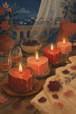 Heart Shaped Candles on Romantic Evening Table