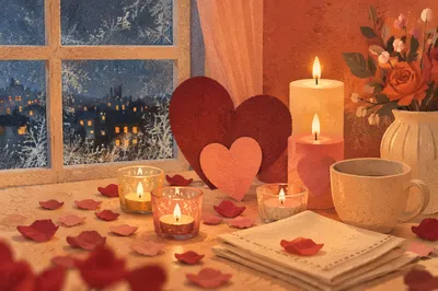 Heart Shaped Candles on Winter Evening Table