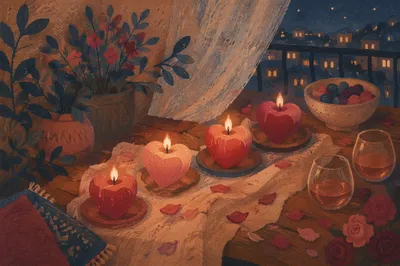 Heart Shaped Candles on Romantic Evening Table