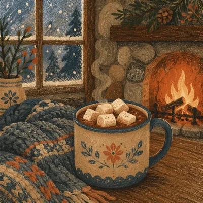 Cozy Hot Chocolate by Winter Fireplace