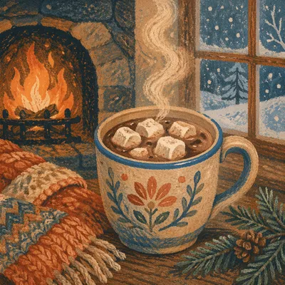 Cozy Hot Chocolate by Winter Fireplace