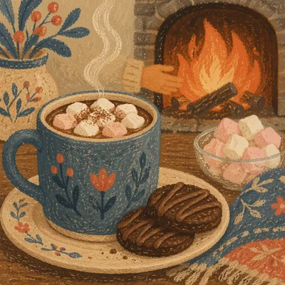 Cozy Hot Chocolate by Winter Fireplace