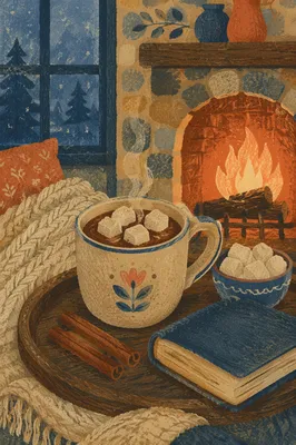 Cozy Hot Chocolate by Winter Fireplace