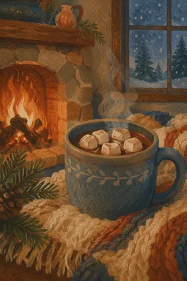 Cozy Hot Chocolate by Winter Fireplace