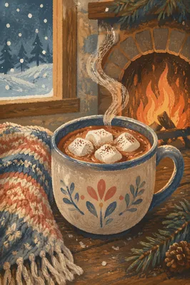 Cozy Hot Chocolate by Winter Fireplace