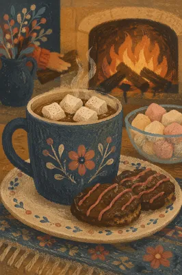 Cozy Hot Chocolate by Winter Fireplace