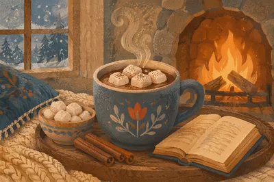 Cozy Hot Chocolate by Winter Fireplace