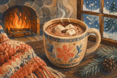 Cozy Hot Chocolate by Winter Fireplace