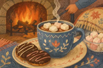 Cozy Hot Chocolate by Winter Fireplace