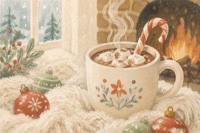 Cozy Hot Chocolate by Fireplace Winter Scene