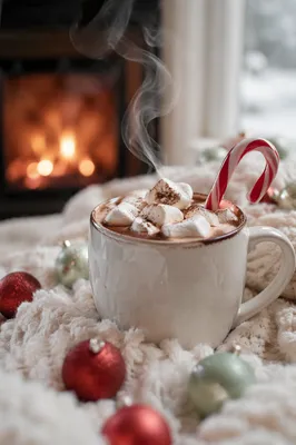 Cozy Hot Chocolate by Winter Fireplace